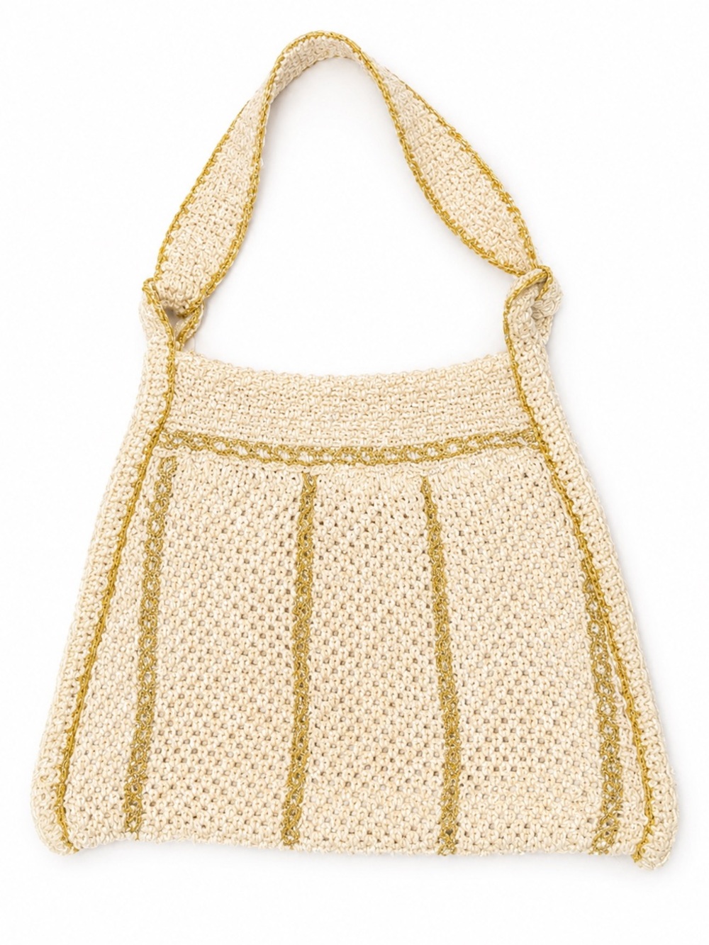 Vintage Cream Crochet Shoulder Bag Gold Stripes boho 70s hippie retro